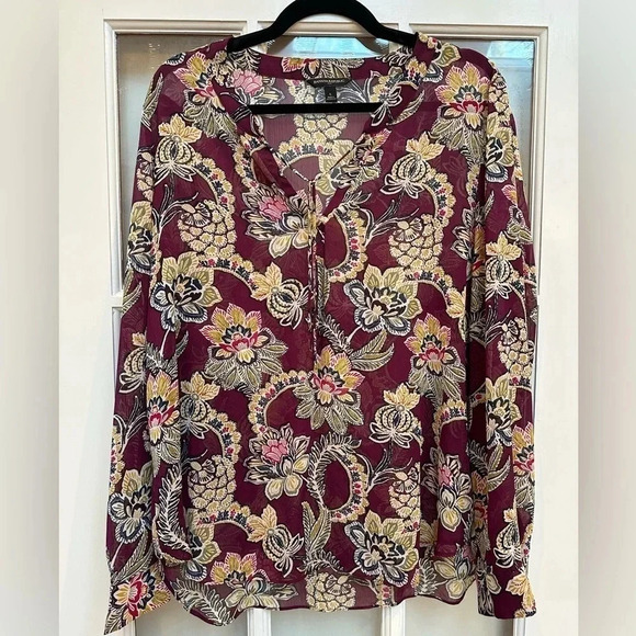 Banana Republic | Burgundy Wine Sheer Floral Bohemian Long Sleeve Blouse Size L - Picture 10 of 10